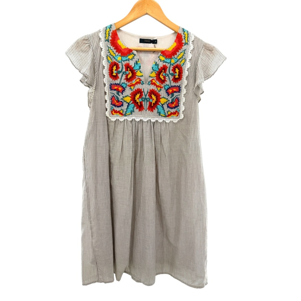 THML Embroidered Striped V-Neck Flutter Sleeve Cotton Shift Dress‎ M Vacation
